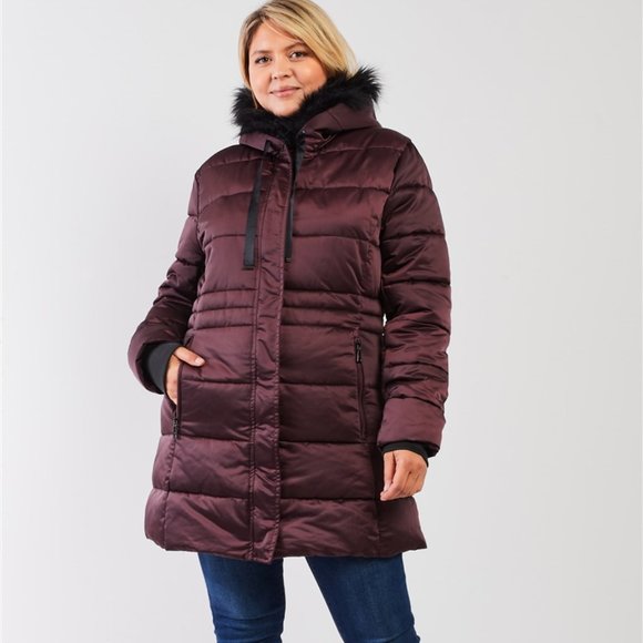 Wine Glossy Long Fitted Vegan Fur Hood Detail Wint - Picture 3 of 7